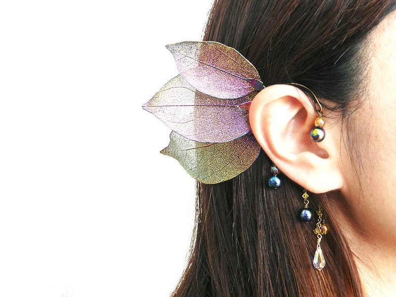 Swarovski and leaf fairy ear hooks - ต่างหู - คริสตัล หลากหลายสี