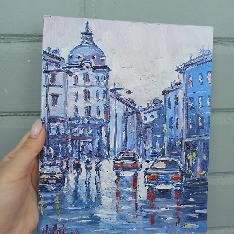 多雨城市繪畫巴黎原創藝術厚塗城市景觀藝術品 - 掛牆畫/海報 - 棉．麻 藍色