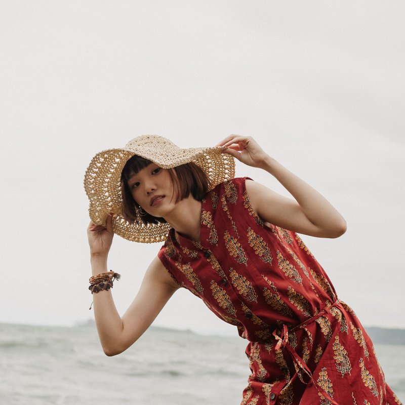 Indian cover-dyed skin-friendly cotton dress blouse - snapdragon red [full-size replenishment in September] - One Piece Dresses - Cotton & Hemp Multicolor