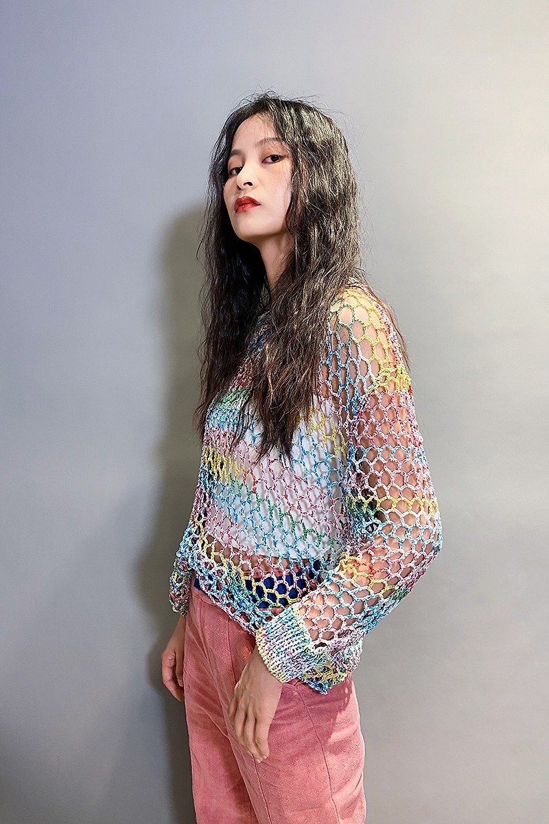 Round Neck Long Sleeve Handmade Crochet Shirt - Women's Tops - Cotton & Hemp Multicolor