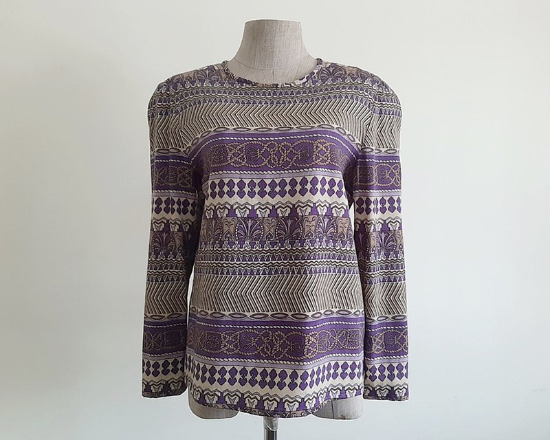 Small Vintage Brown Purple Abstract Print Wool Blouse Womens Long Sleeve Top S - 女上衣/長袖上衣 - 其他材質 紫色