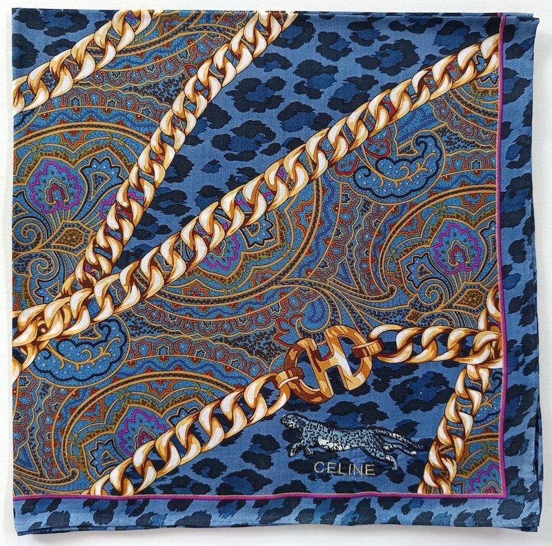 Celine Vintage Handkerchief Gold Chain Blue Paisley 22 x 21.5 inches - Handkerchiefs & Pocket Squares - Cotton & Hemp Blue