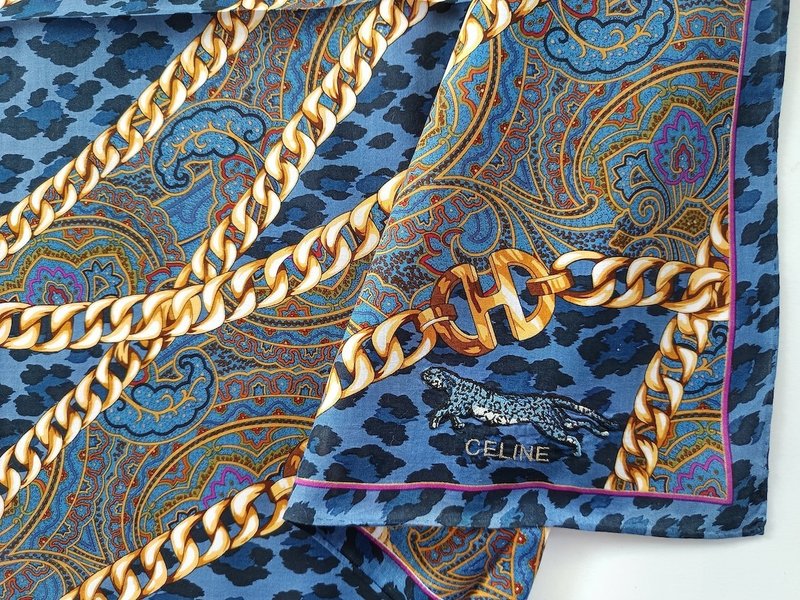 セリーヌ ヴィンテージ ハンカチ レオパード ペイズリー柄 ゴールドチェーン 22 x 21.5 インチ - ハンカチ - コットン・麻 ブルー