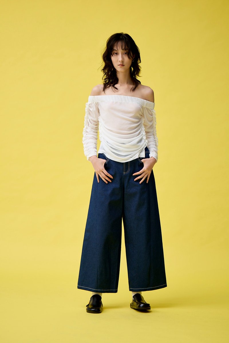 一字領皺皺上衣 - 女上衣/長袖上衣 - 尼龍 白色