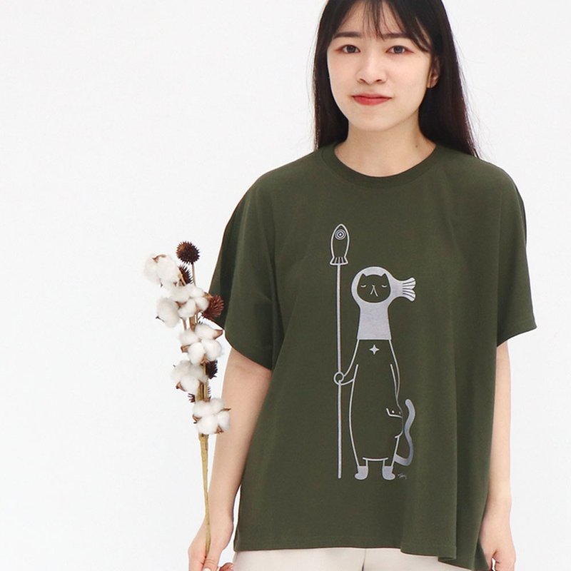 Mr. O 喵小兵－T-Shirt【設計師款】/中性版 - 女裝上衣 - 棉．麻 綠色