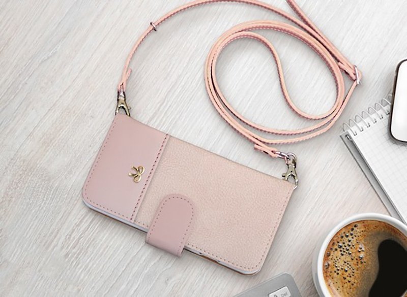[Compatible with all models] Free shipping [Notebook type] Leather-style ribbon and shoulder strap Pink iPhone8 / iPhone8 Plus / iPhoneX - เคส/ซองมือถือ - หนังแท้ สึชมพู