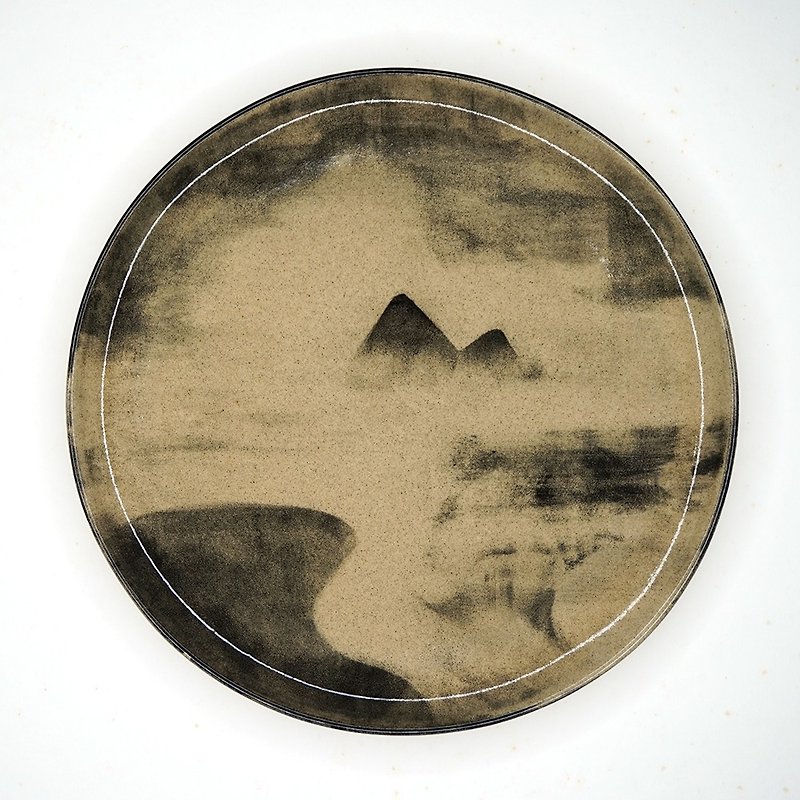 手塗り・手練り陶器平底板（抽象風景画）（HBP-P002） - 皿・プレート - 陶器 カーキ