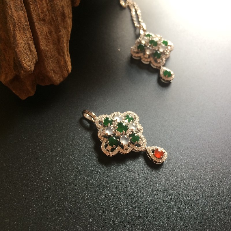 Saitama - Natural Ice Jade (Burma Jade) Plate Long Knot Design Necklace - Necklaces - Gemstone Green