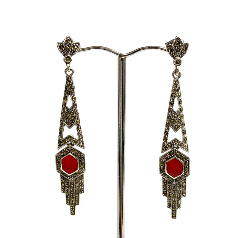 Art Deco Style Red Coral and Marcasite Set Pendant Earrings 925 Sterling Silver - 耳環/耳夾/耳骨夾 - 純銀 銀色