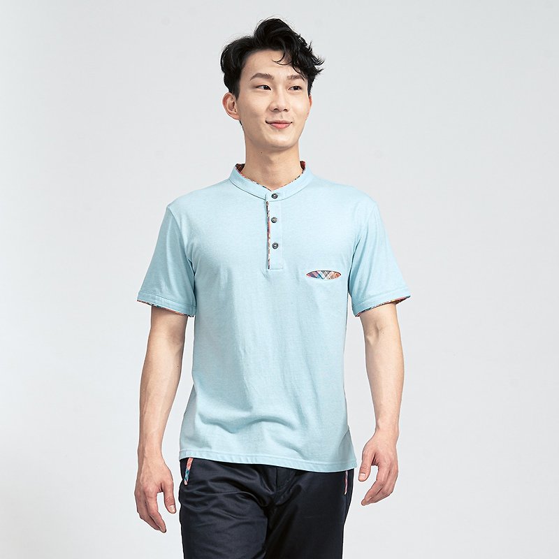 CUE161 Bronze organic cotton stand-up collar / aqua blue - Men's T-Shirts & Tops - Other Materials Blue