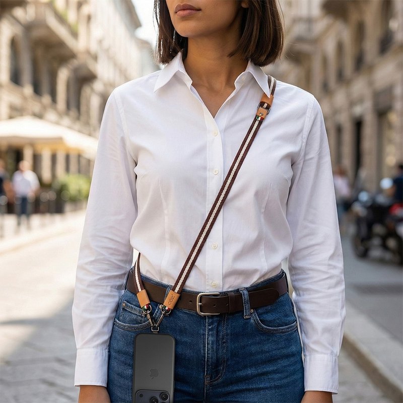 COZI-義大利植鞣革飾邊 25/15mm寬版條紋手機背帶掛繩 手腕掛繩組 - 手機配件 - 聚酯纖維 橘色