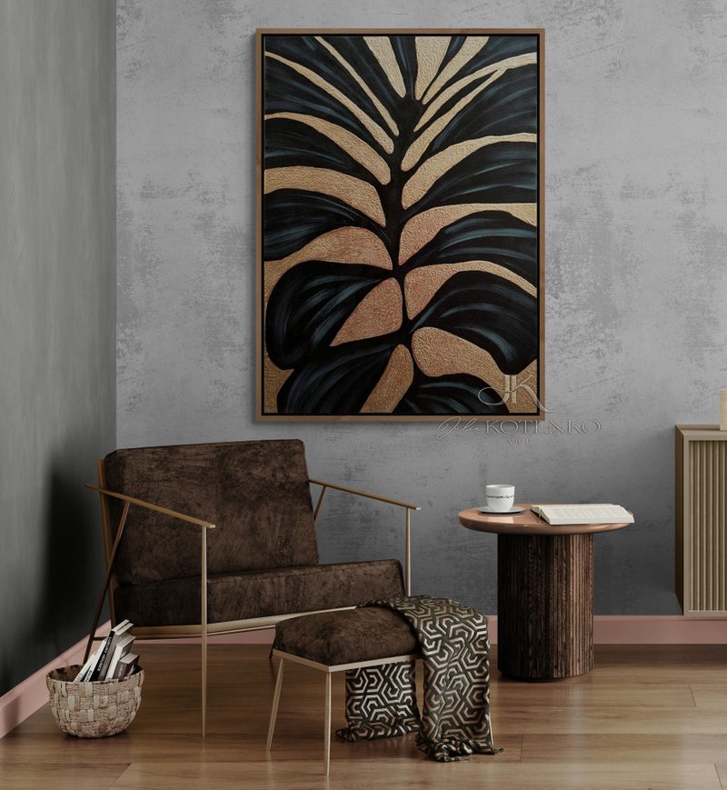 Large Gold Leaf Wall Art  Abstract tropical leaves Painting on Canvas - Wall Décor - Cotton & Hemp Gold