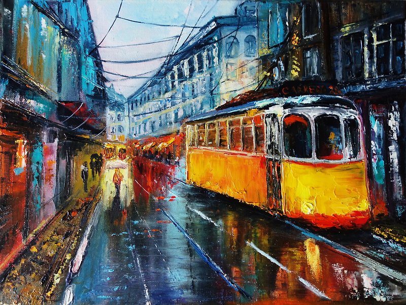 Yellow Tram Painting Oil Cityscape  油畫原作 Original Art Italy Artwork Canvas Art - 掛牆畫/海報 - 顏料 多色