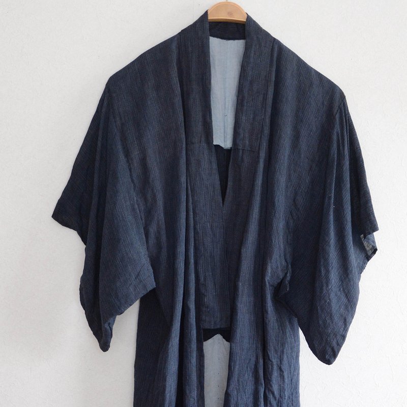 Hemp Indigo Kimono Robe Long Japanese Fabric Vintage Stripe Pattern - Men's Coats & Jackets - Cotton & Hemp Blue