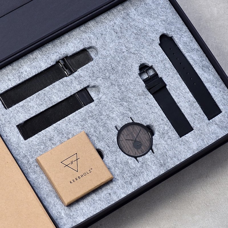 KERBHOLZ-Log Watch-FRITZギフトセット - ウォールナット - ナイトブラック（40mm） - 腕時計 - その他の素材 ブラック