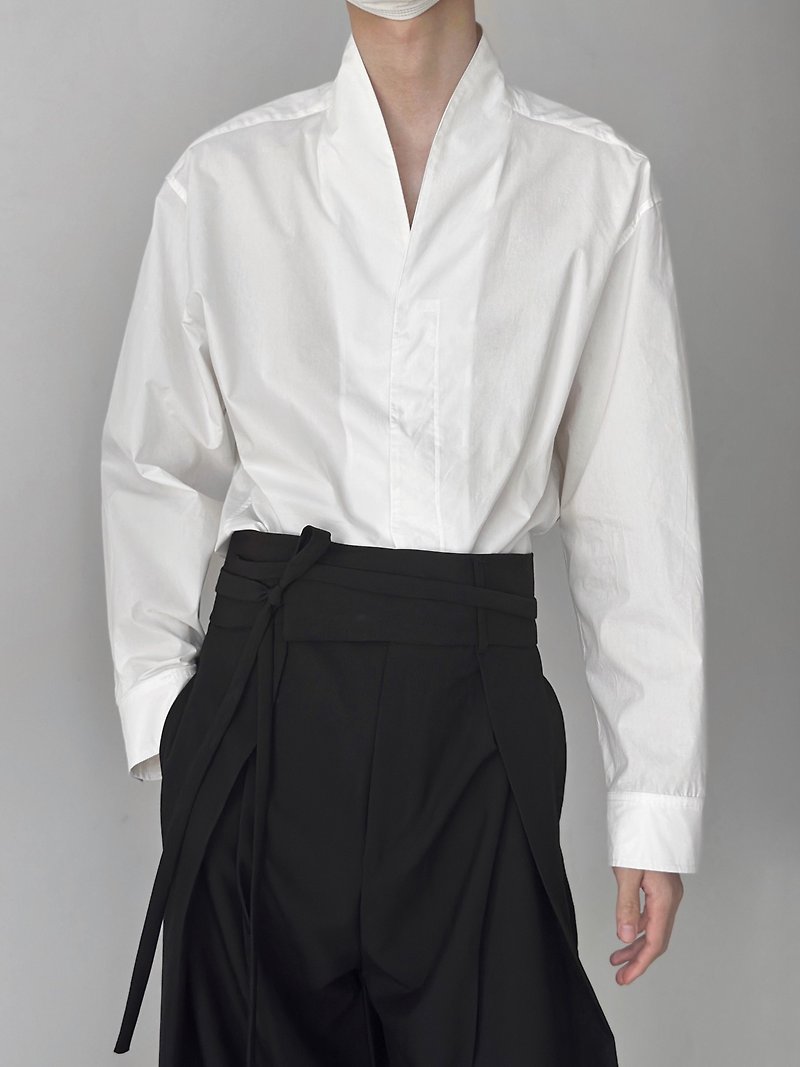 法式極簡 禁慾系立領寬鬆長袖襯衫 - 男裝 恤衫 - 其他材質 白色