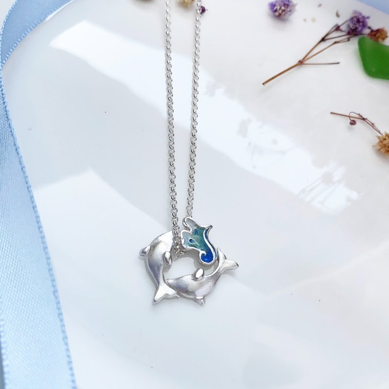 Dolphin and Spray Series - Sterling Silver Necklace Seven Treasures Enamel Silver Clay - Necklaces - Sterling Silver Silver