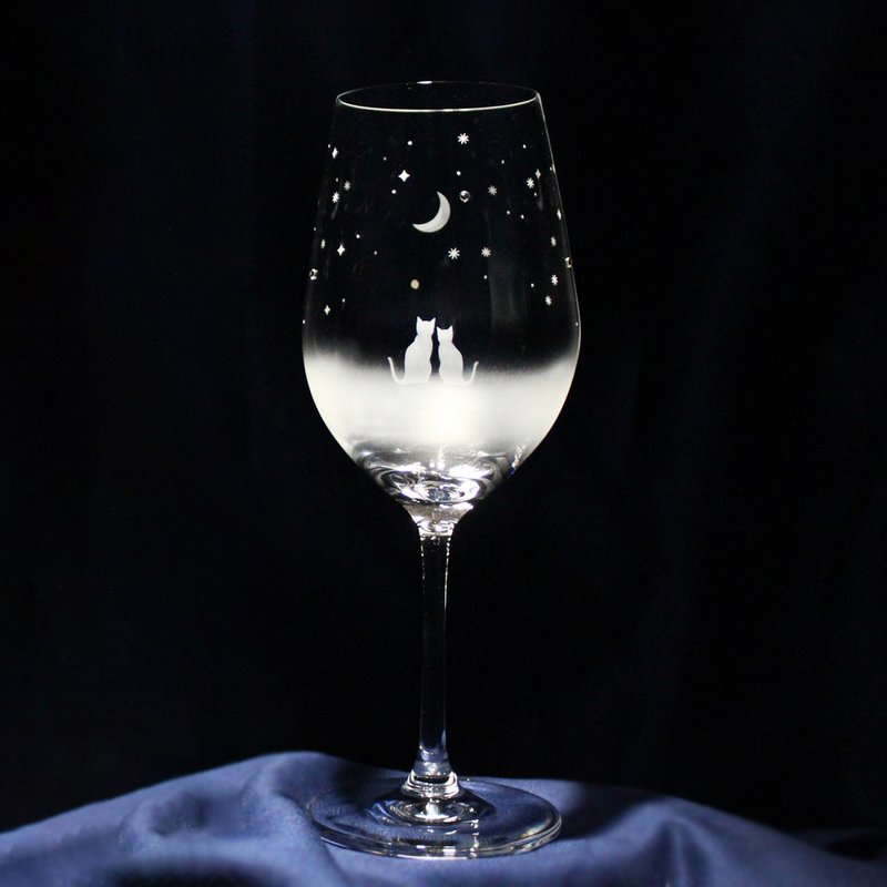 [Let's look at the crescent moon night sky together / wine glass] Cat motif wine glass, can be personalized (optional, sold separately) - Cups - Glass Transparent