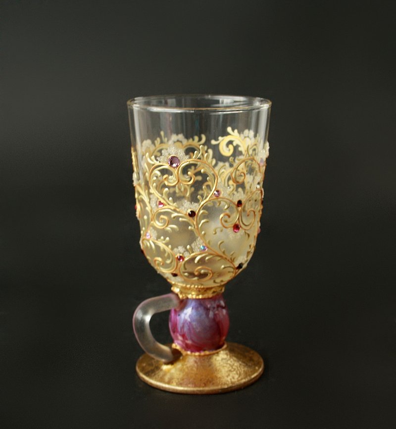 Hot Drink Cup, Tea Coffee Pot, Mug, Gold Pink, Hand painted, Swarovski Crystals - 咖啡壺/咖啡周邊 - 玻璃 紫色