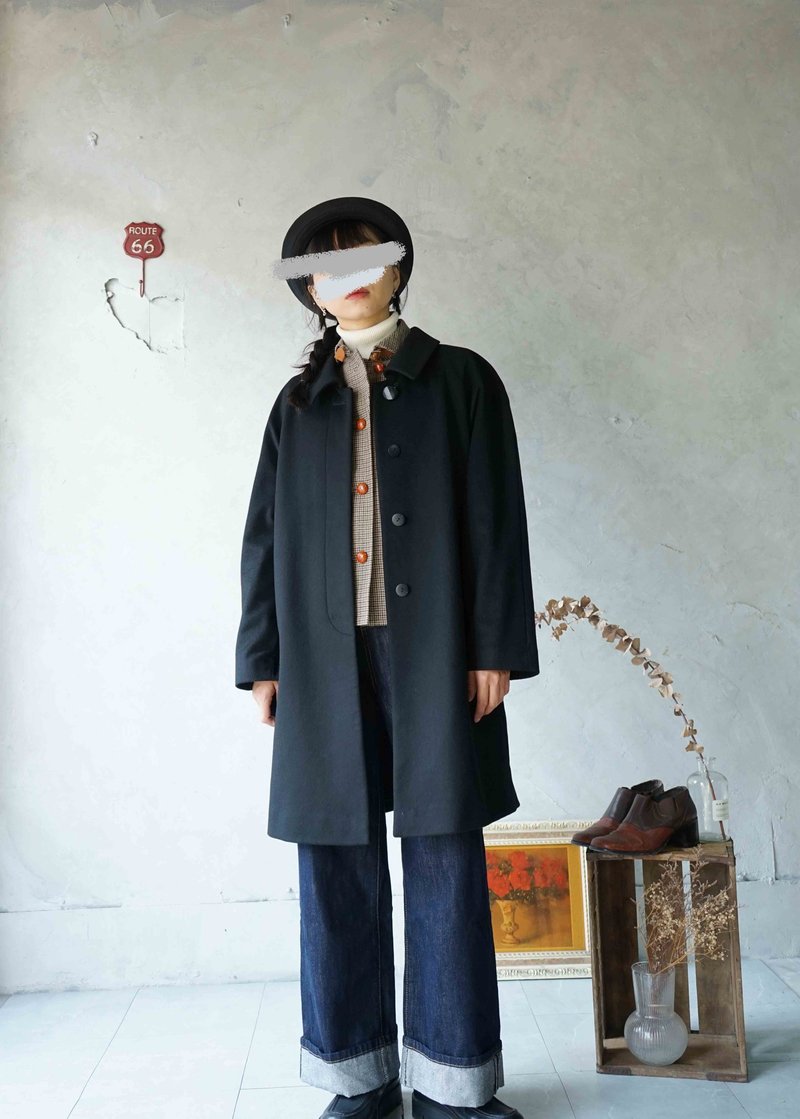 ヴィンテージの宝物 - カシミヤのクラシックな黒ロング丈冬コート - ジャケット - ウール ブラック