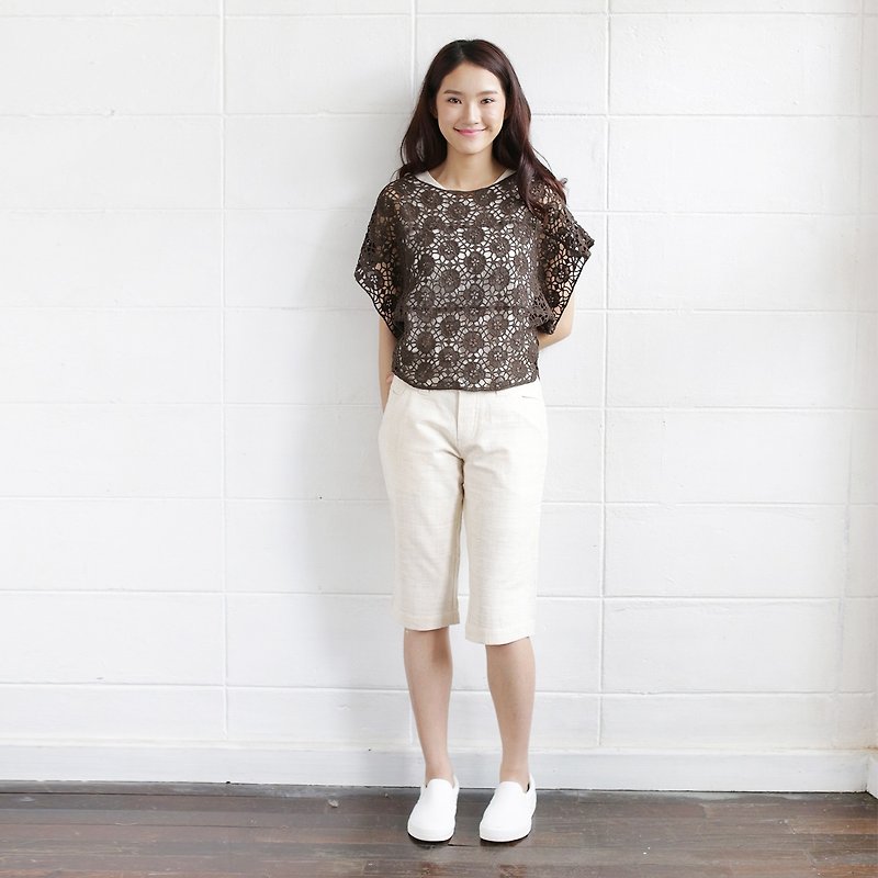 Brown Short Sleeve Over Size Tops Lace Cotton Soi-Fah - Women's Tops - Cotton & Hemp Brown