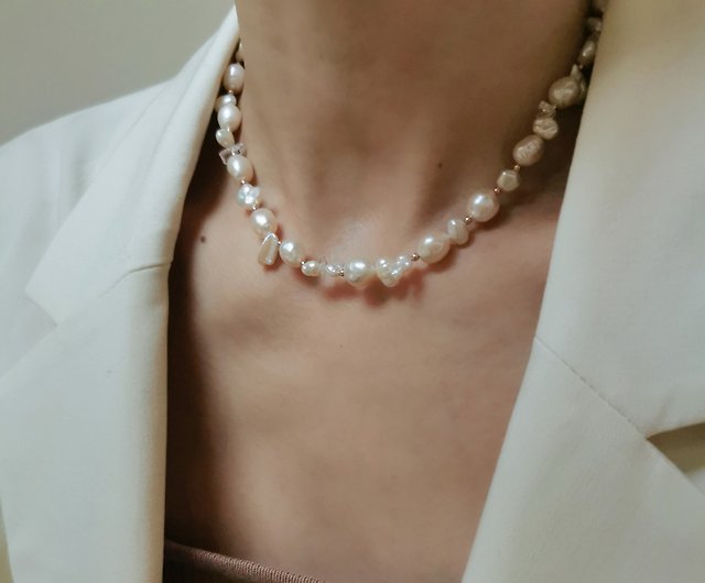 Baroque Pearl | Natural Baroque Pearl White Crystal Broken Silver