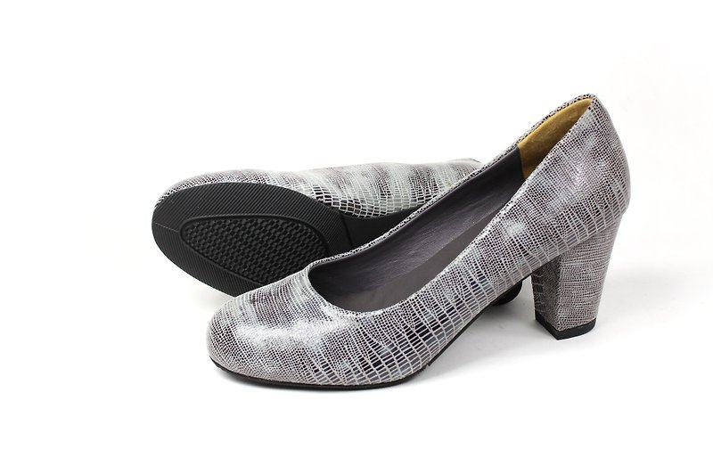 Grey lizard chunky heel shoes - High Heels - Genuine Leather Gray