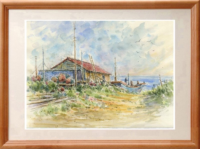 Original watercolor painting A beach landscape with a fishing hut - โปสเตอร์ - กระดาษ สีน้ำเงิน