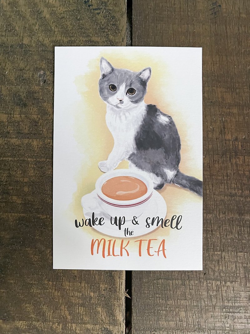 Wake Up and Smell the Milk Tea with Cat | Watercolour Postcard - Cards & Postcards - Paper 