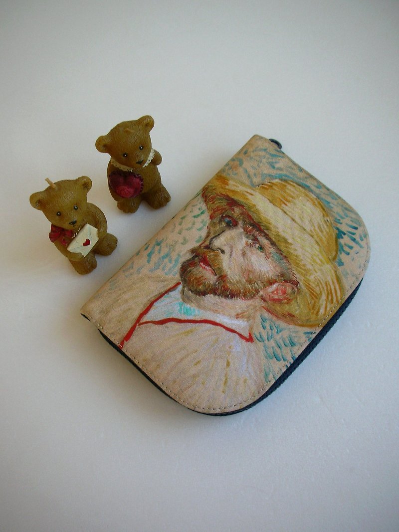 Van Gogh Self-Portrait (A) - Short Clip/Wallet/Coin Purse/Gift - กระเป๋าสตางค์ - ผ้าฝ้าย/ผ้าลินิน สีน้ำเงิน