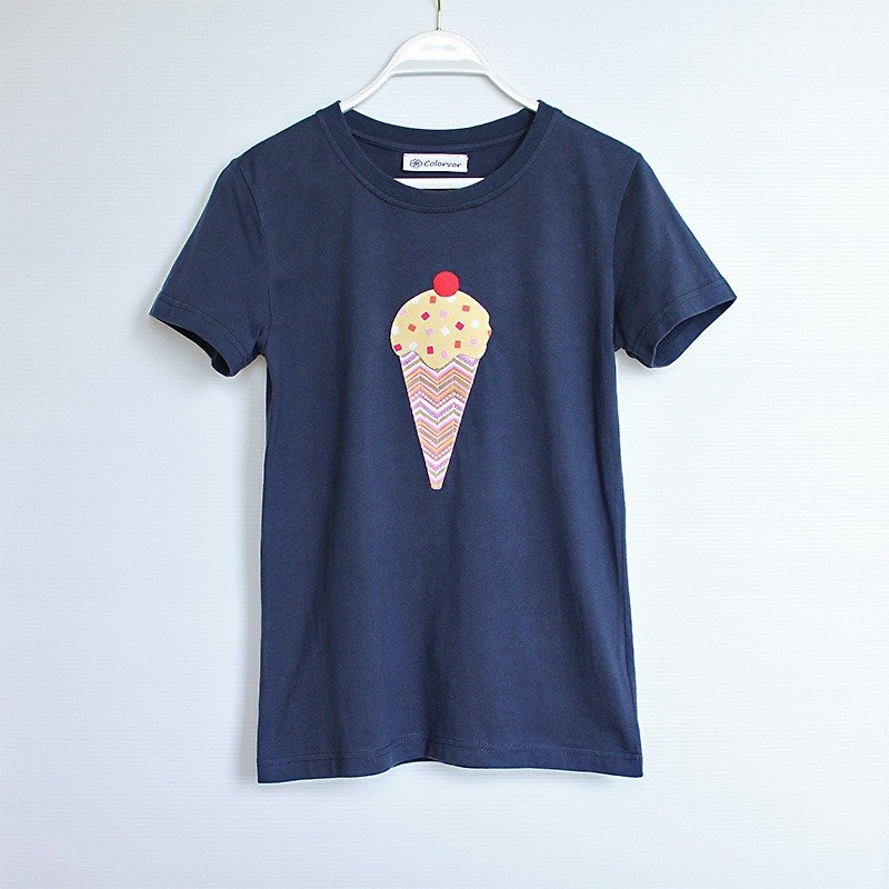 Ice Cream Short Sleeve T-shirt No.4 - เสื้อยืดผู้หญิง - ผ้าฝ้าย/ผ้าลินิน สีน้ำเงิน