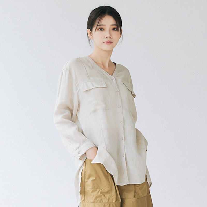 【Simply Yours】Vネックシアーブラウス カーキF - シャツ・ブラウス - コットン・麻 カーキ