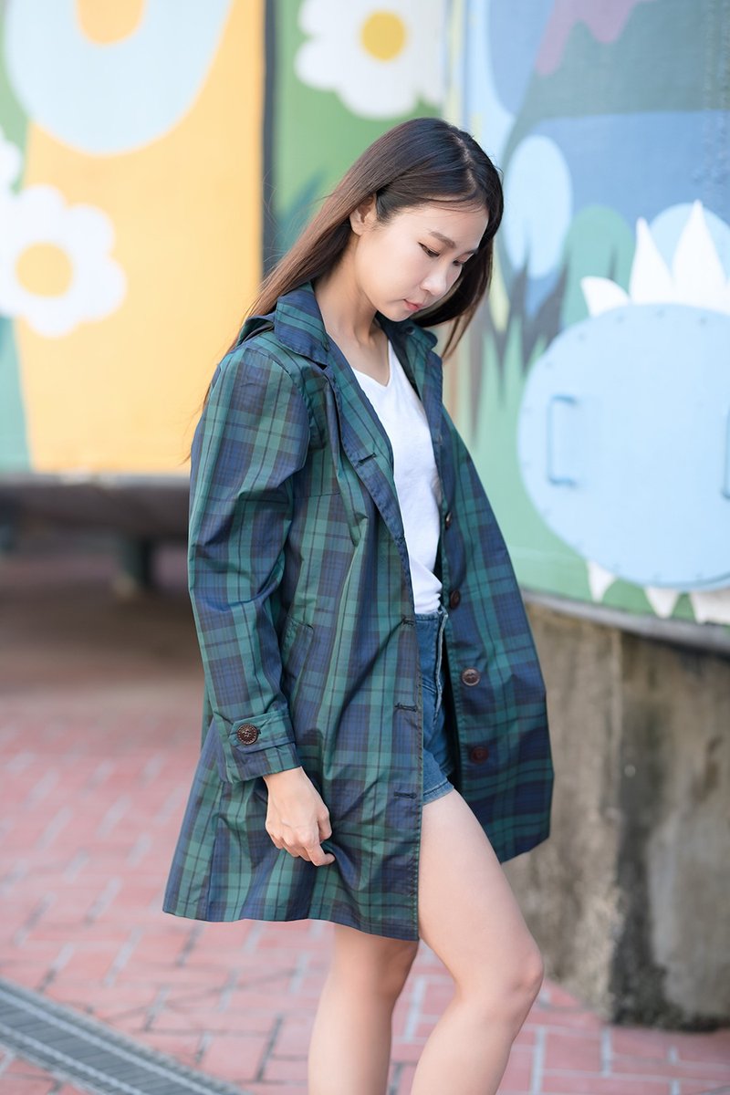 unni時尚方塊防水風衣 雨披 raincoat 雨風衣 防風 防潑水 風衣 - 女大衣/外套 - 防水材質 藍色