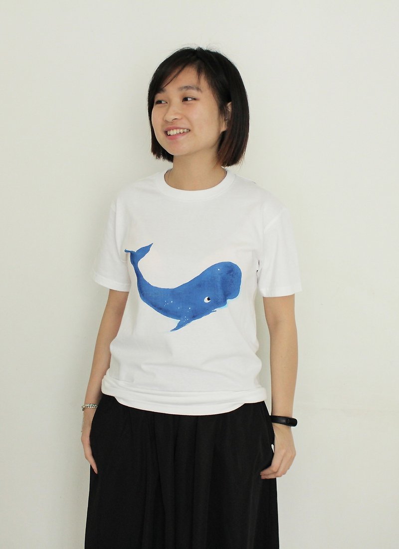 Whale Tee - Screen Print t shirt - เสื้อยืดผู้หญิง - ผ้าฝ้าย/ผ้าลินิน ขาว