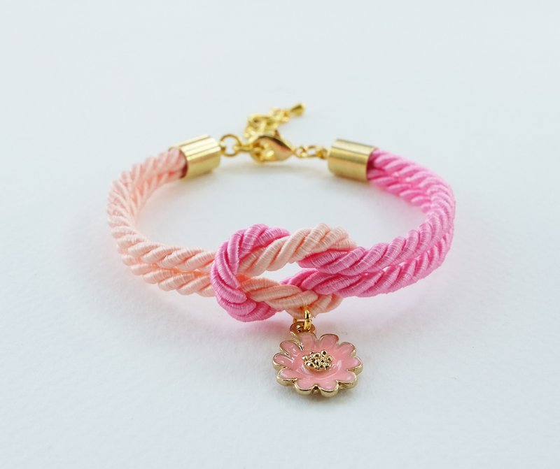 Pink and Peach tie the knot bracelet with flower charm - สร้อยข้อมือ - วัสดุอื่นๆ สึชมพู