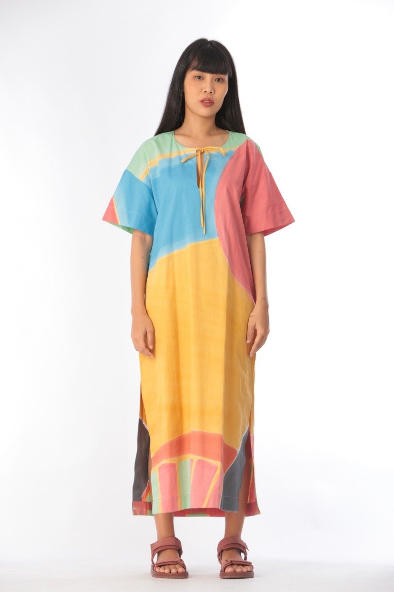 Kaftan Cotton Rayon Hand Paint Art&Decor - ชุดเดรส - ผ้าฝ้าย/ผ้าลินิน สีเหลือง