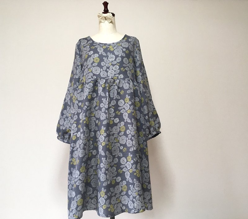 Embroidery style * Flower pattern dress * Gathers sleeve * Scandinavian style * Flower butter * long sleeve * gray - One Piece Dresses - Cotton & Hemp Gray