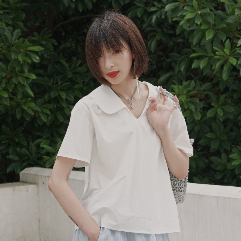 白色娃娃領襯衫|襯衫|夏款|棉|Sora-527 - 女襯衫 - 棉．麻 白色