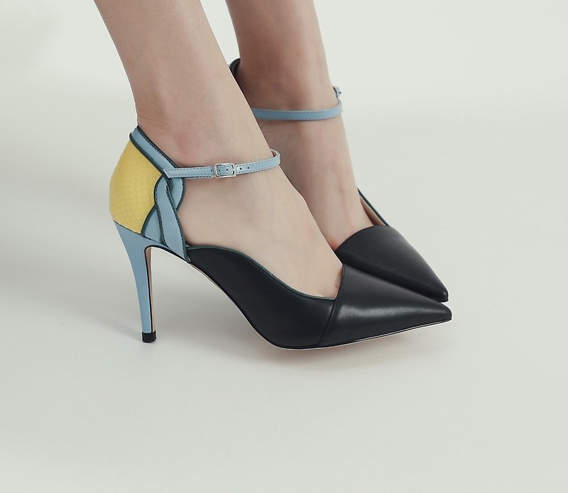 Followed by a string around the ankle leather high heel shoes black and blue - High Heels - Genuine Leather Black