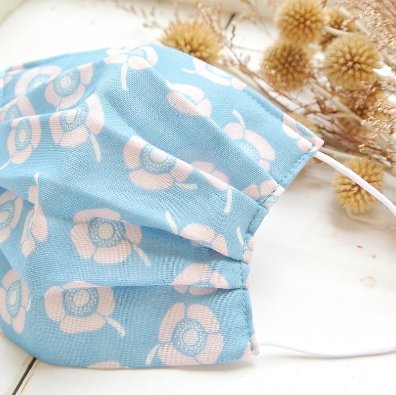 ผ้าปิดปาก Cotton Double Gauze ทรง3D แบบมีจีบ ผลิตในญี่ปุ่น ซักได้ Anemone Blue - หน้ากาก - ผ้าฝ้าย/ผ้าลินิน สีน้ำเงิน