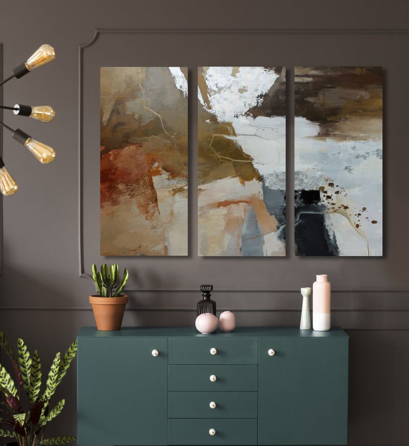 Painting Brown Silver Art | Rust Grey Artwork | Abstract Silence Triptych - 壁貼/牆壁裝飾 - 棉．麻 咖啡色