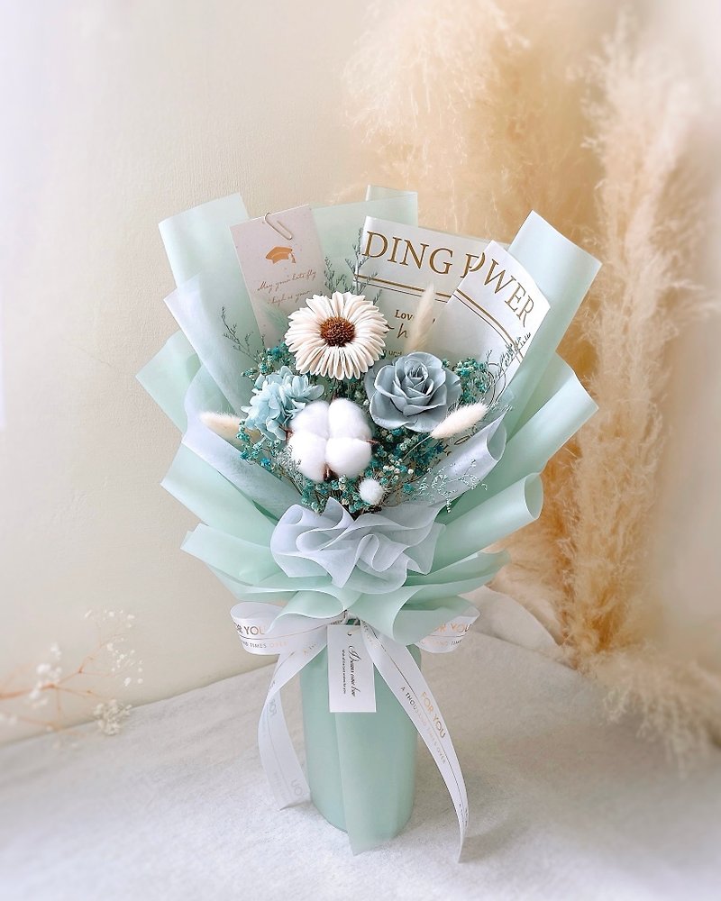 Sunflower bouquet - mint green l Comes with white window bag drying baby's breath graduation bouquet - ช่อดอกไม้แห้ง - พืช/ดอกไม้ สีเขียว