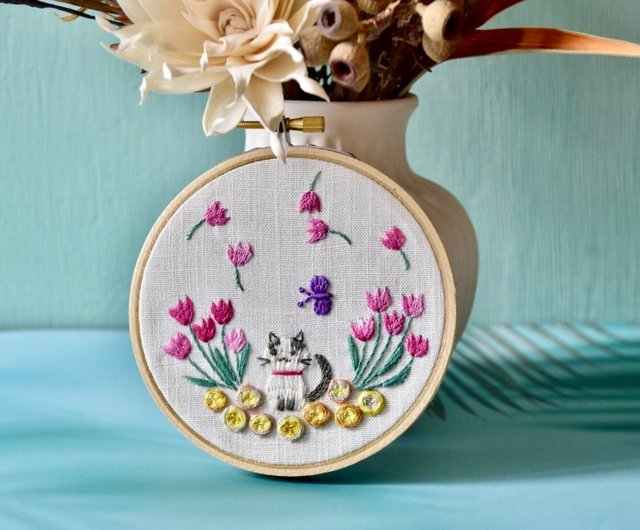 初心者刺繍素材パック - フランス刺繍 - チューリップと子猫