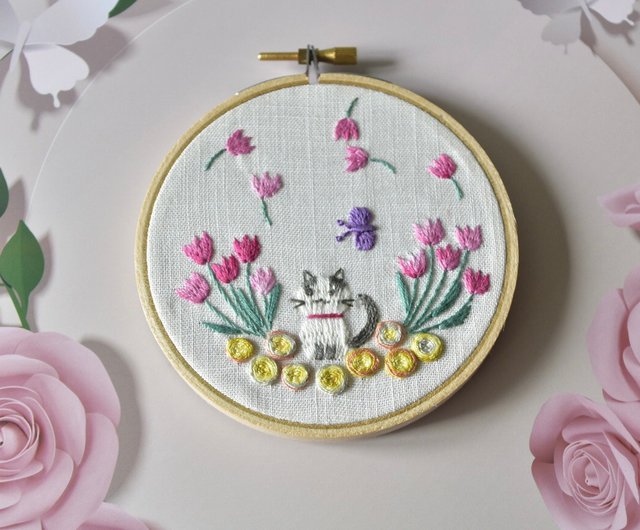 初心者刺繍素材パック - フランス刺繍 - チューリップと子猫