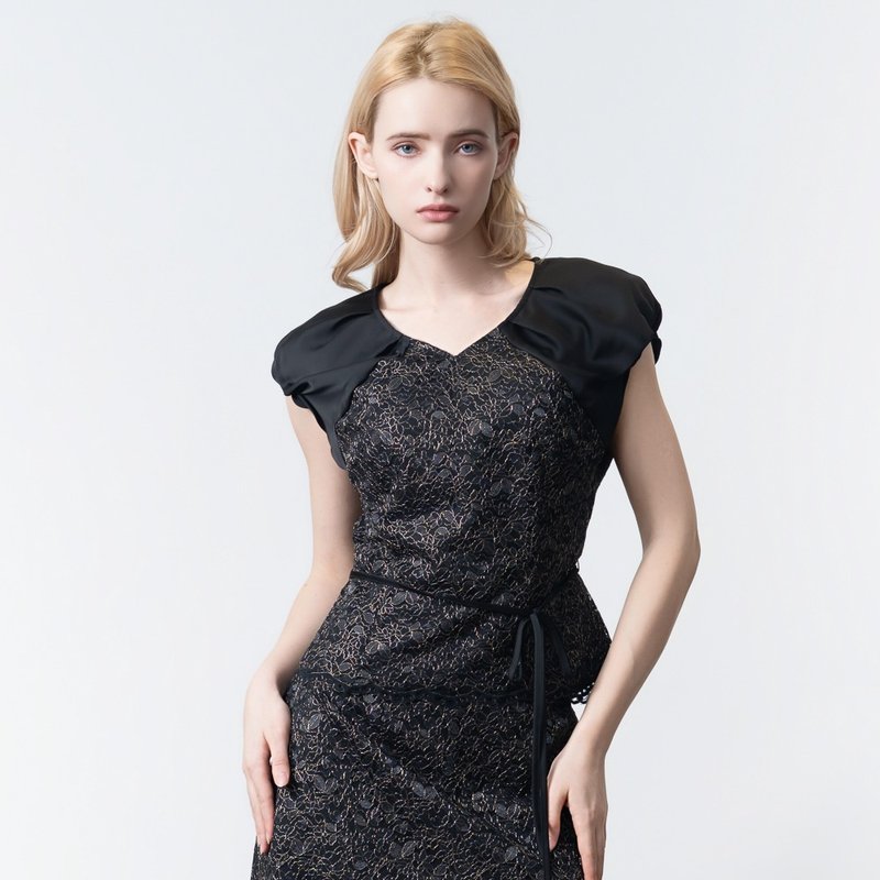 【MEDUSA】夜語金絲緹花泡泡袖蕾絲上衣(M-XL) | 女上衣 宴會禮服 - 女上衣/長袖上衣 - 其他人造纖維 黑色