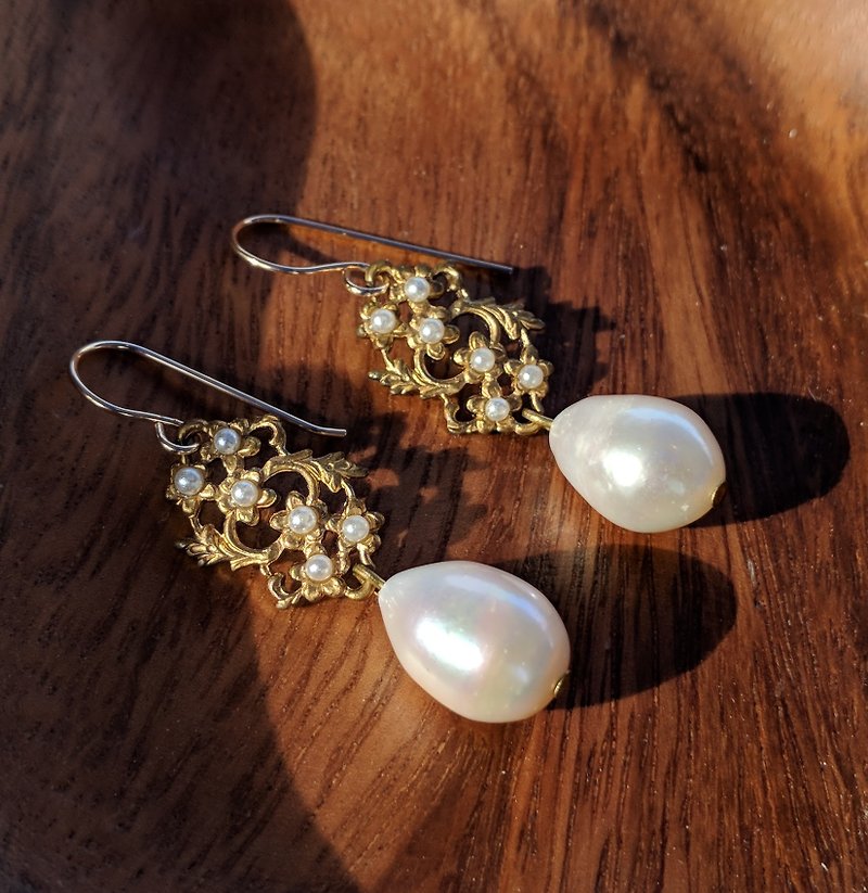 Filigree Brass Finding Baroque Pearl Earrings - Earrings & Clip-ons - Other Metals 