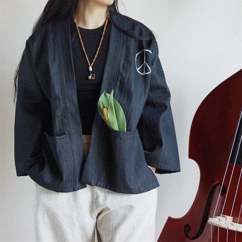 春季手繪款 進口純棉原色牛仔 男女同款日式野良著外套 - 女大衣/外套 - 棉．麻 藍色