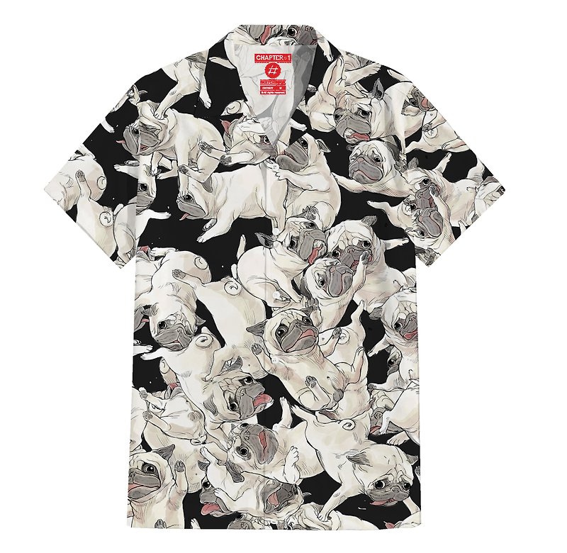 Pug Italain Silk Hawaii Shirt Over Size - 男裝 恤衫 - 其他材質 白色