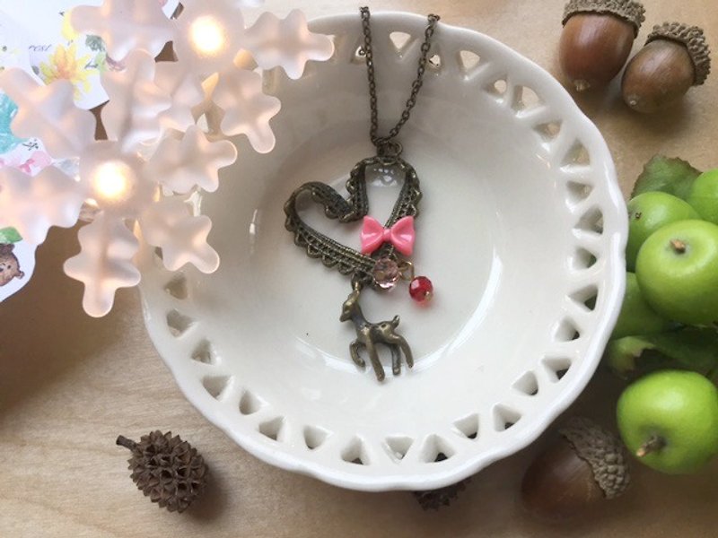 Zoe's forest Christmas bow love necklace bronze deer - Christmas Package - สร้อยคอ - โลหะ 