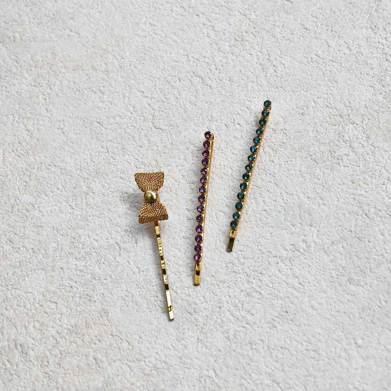 【手工限定】金色蝴蝶結水晶套組 - 髮夾/髮圈 - 銅/黃銅 綠色